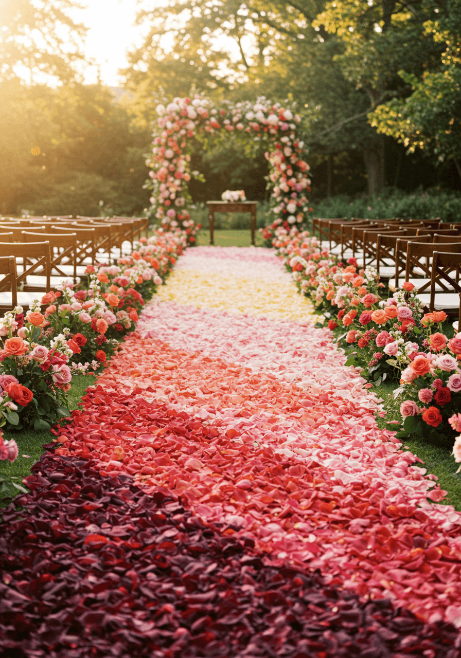 Stunning ombré rose petal wedding aisle transitioning from deep pink to white