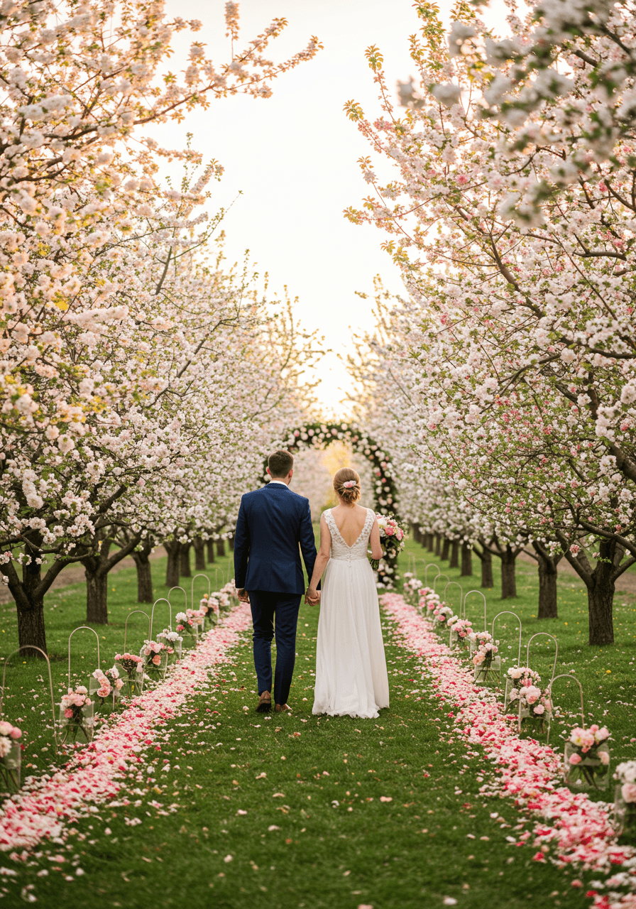 Romantic apple orchard wedding with blooming fruit trees creating natural cathedral aisle