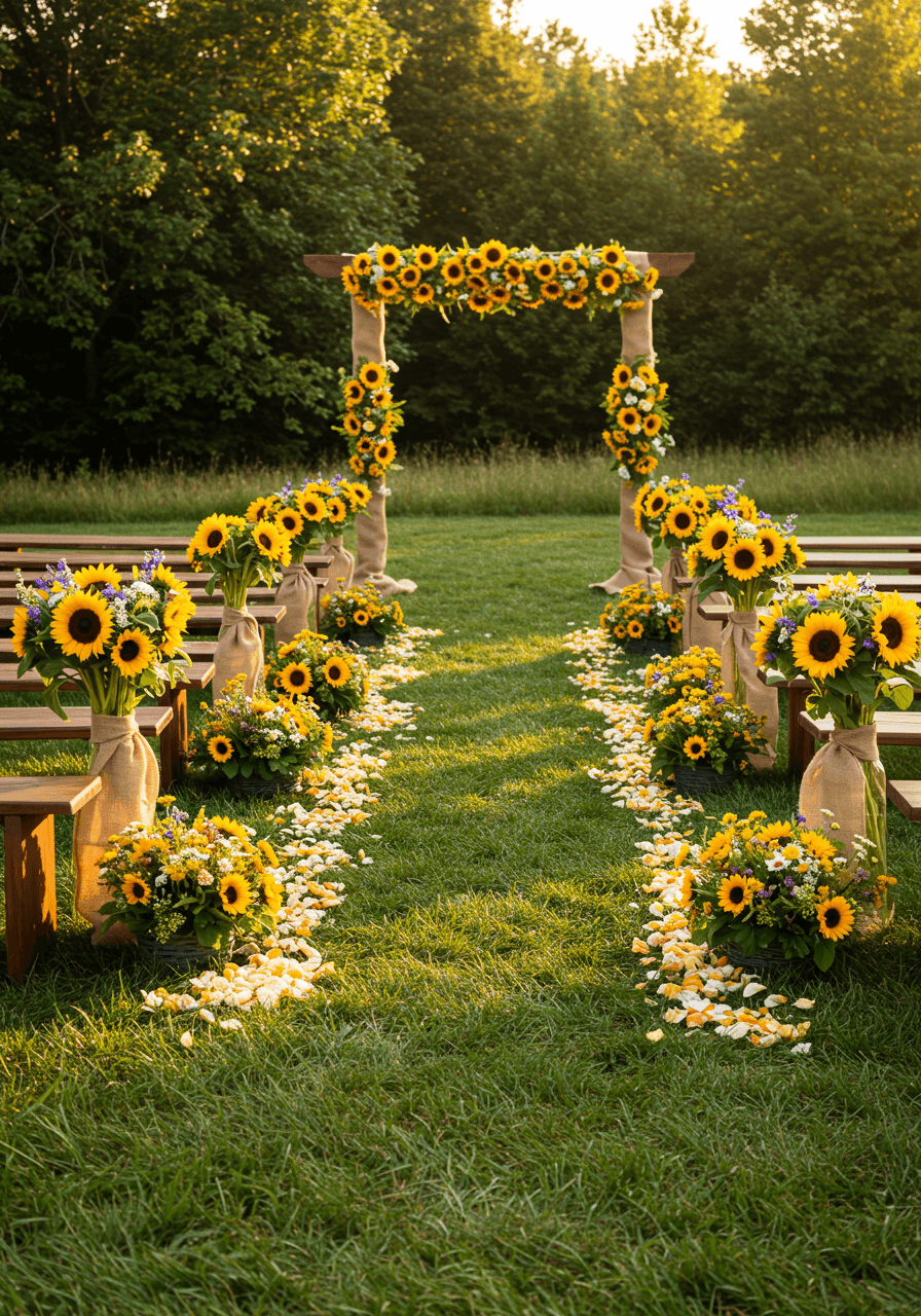 Rustic sunflower meadow wedding with bright yellow blooms lining countryside ceremony aisle