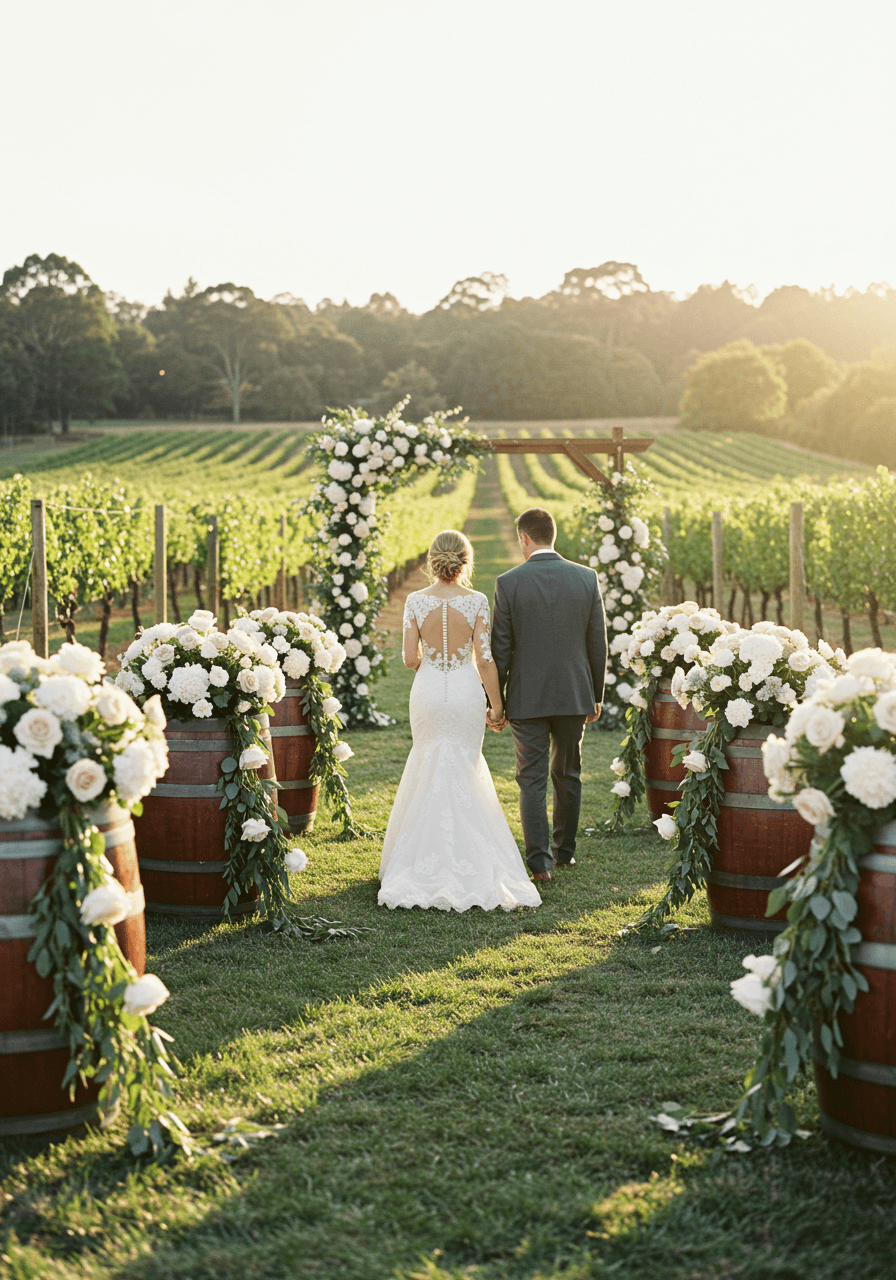 Rustic vineyard wedding with wine barrels overflowing with flowers lining ceremony aisle