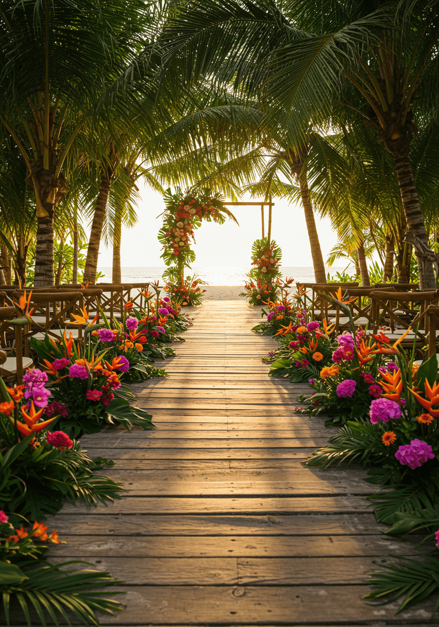 Tropical wedding boardwalk with palm fronds and exotic flowers leading to ocean ceremony