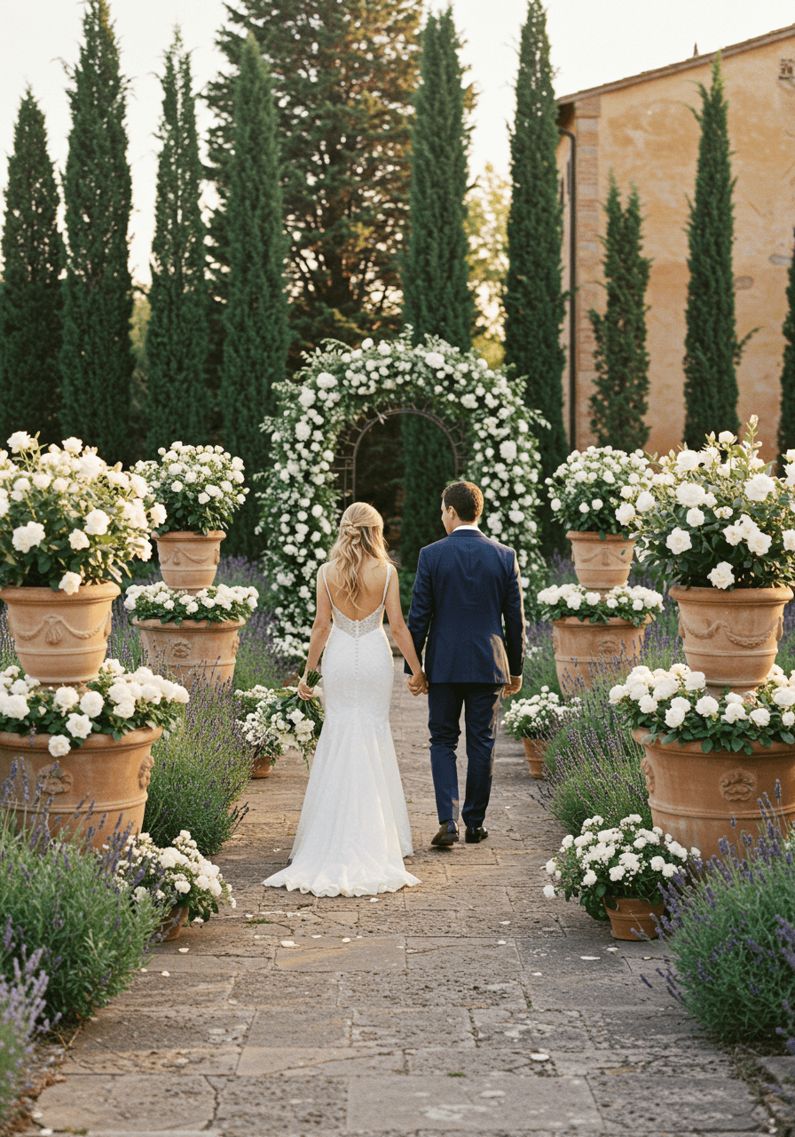 Tuscan villa garden wedding with rose and lavender lined aisle during golden hour
