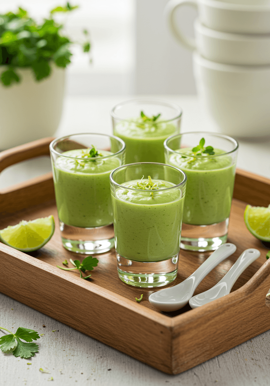 Shot glasses filled with chilled avocado lime soup garnished with zest and microgreens on wooden tray