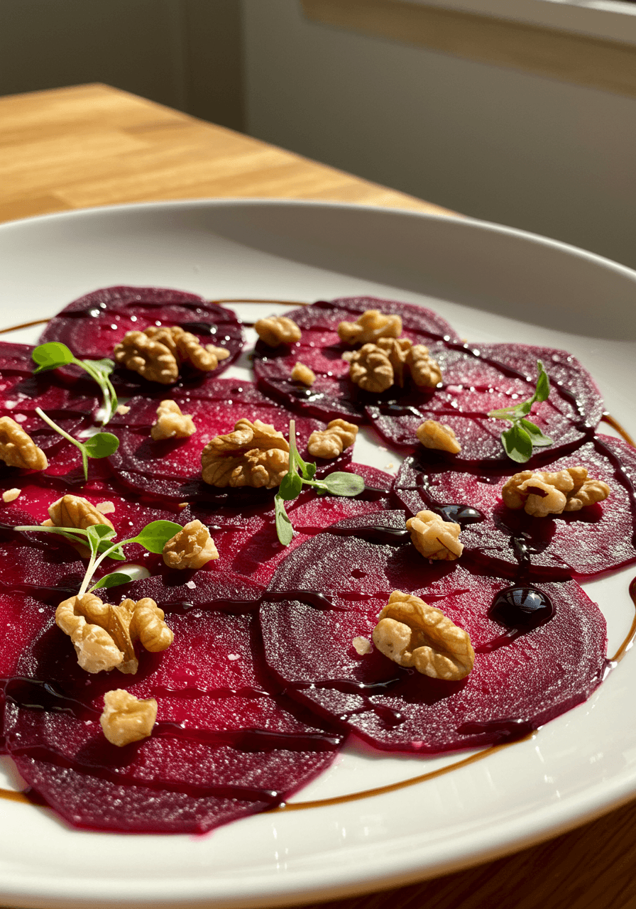 Thin beetroot carpaccio slices with walnuts and balsamic glaze on white porcelain overhead view