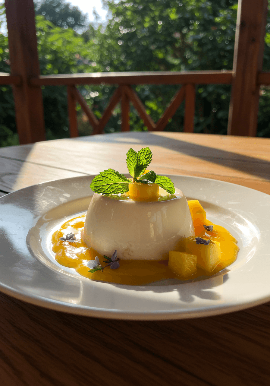 Coconut panna cotta with mango coulis drizzle and mint on white porcelain in sunlit garden pavilion