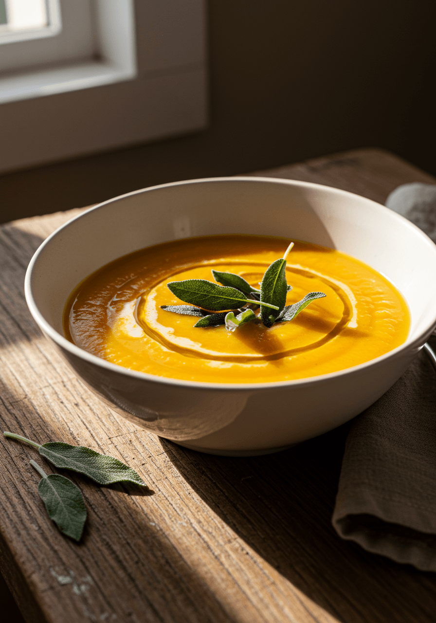 Butternut squash soup with crispy sage and olive oil drizzle in white bowl on rustic wood
