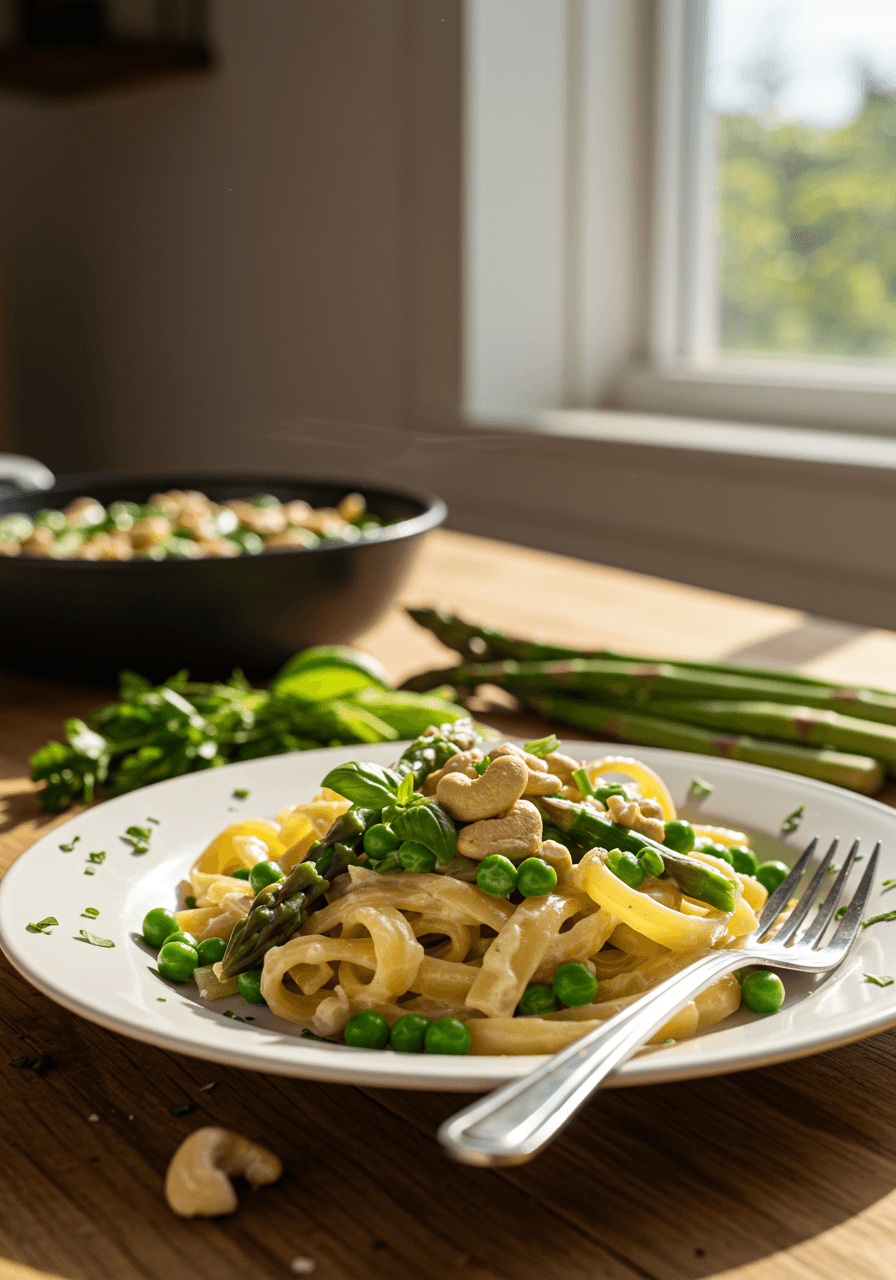 Cashew alfredo pasta with asparagus spears and bright green peas on white ceramic in sunlit farmhouse kitchen