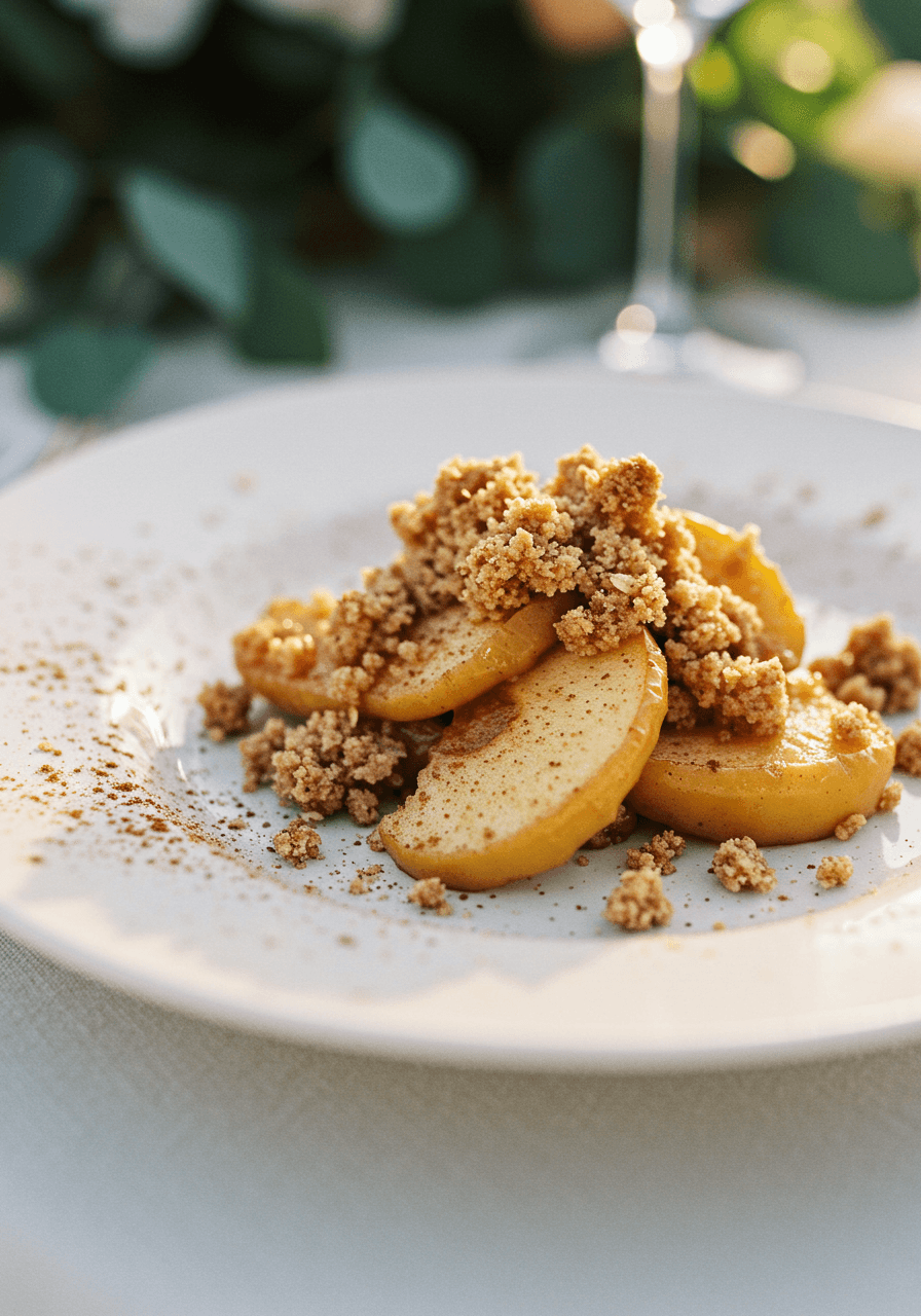 Deconstructed apple crumble with golden apple slices, oat topping and cinnamon dust arranged artistically on white ceramic at elegant outdoor wedding during golden hour