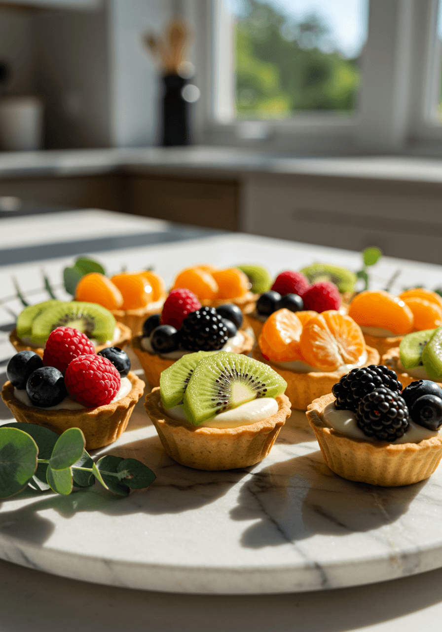 Miniature fruit tarts with colorful berries, kiwi and mandarin in golden vegan pastry shells on marble platter