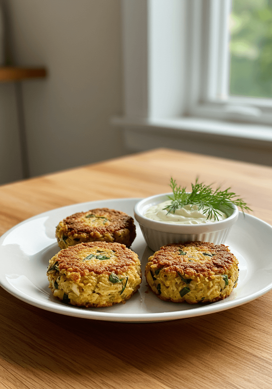 Jackfruit crab cakes on white ceramic with lemon-dill aioli and fresh dill