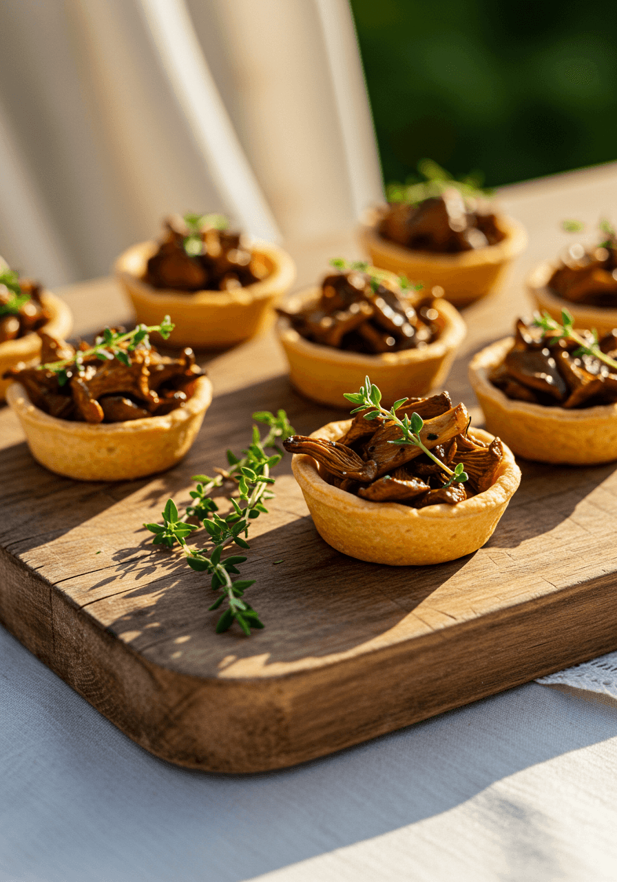 Golden wild mushroom and thyme tartlets on rustic wooden board in natural sunlight