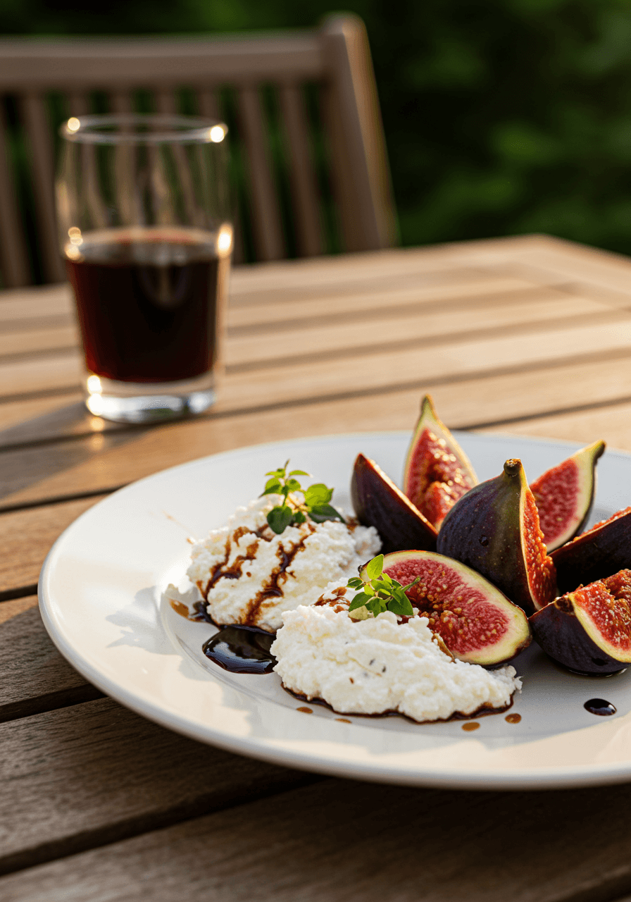 Split figs with balsamic glaze and cashew ricotta on weathered wood during golden hour