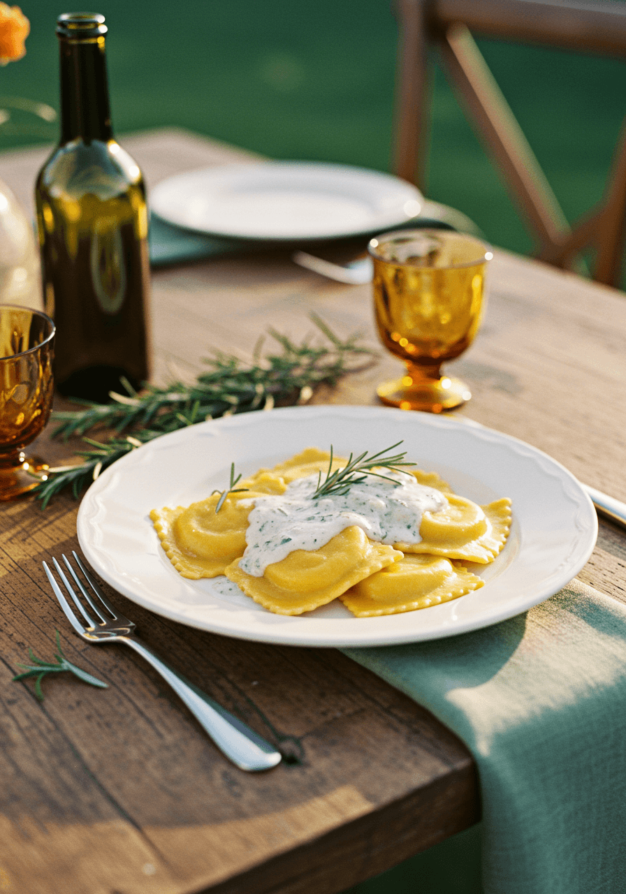Golden butternut squash ravioli with rosemary cream sauce and herb garnish on rustic wood at elegant outdoor garden during golden hour