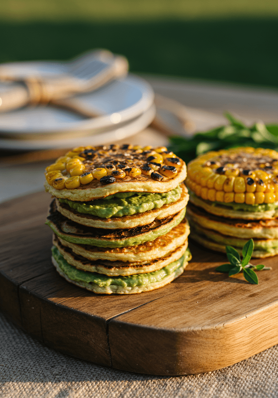 Golden charred corn and avocado blinis on rustic wood at outdoor wedding during golden hour