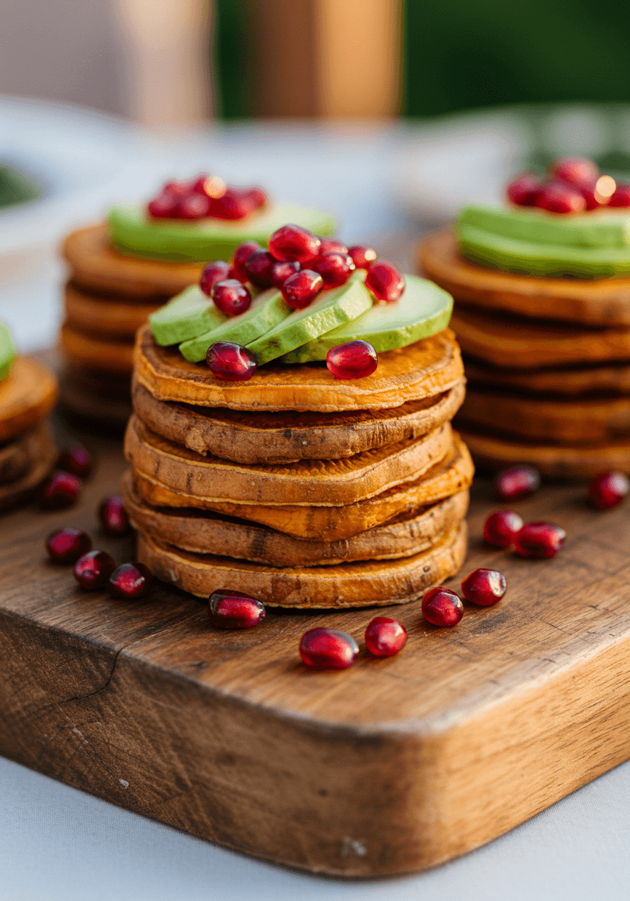 Sweet potato rounds with avocado and pomegranate seeds on rustic wood at golden hour
