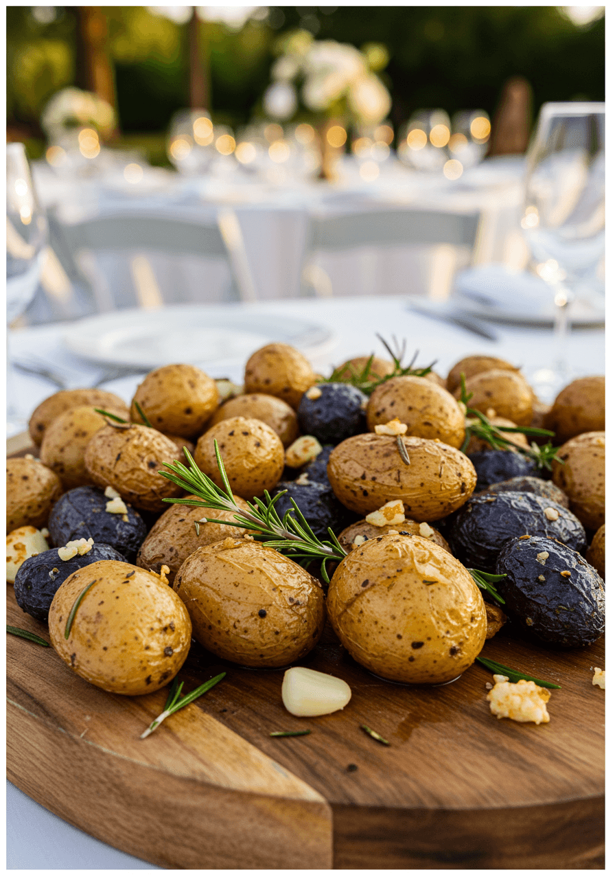 Golden roasted baby potatoes and fingerlings with rosemary and garlic on rustic wood at elegant outdoor wedding during golden hour