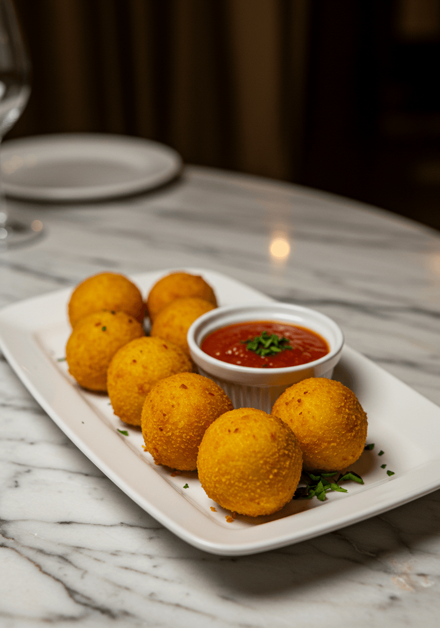 Golden saffron arancini on white porcelain with marinara in elegant wedding venue