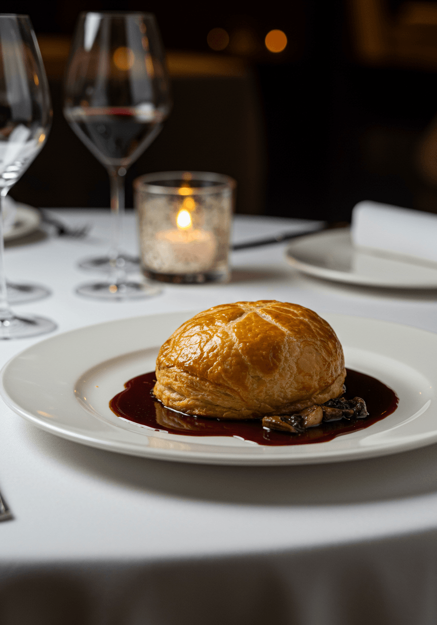 Mushroom wellington with golden puff pastry and red wine reduction on white ceramic with elegant linens