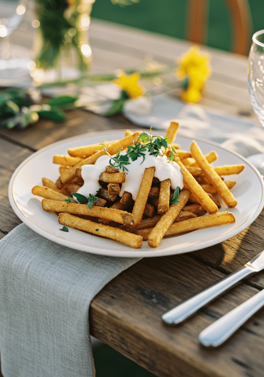 Golden crispy truffle fries with fresh herbs and vegan aioli drizzle on rustic wood at elegant outdoor wedding during golden hour