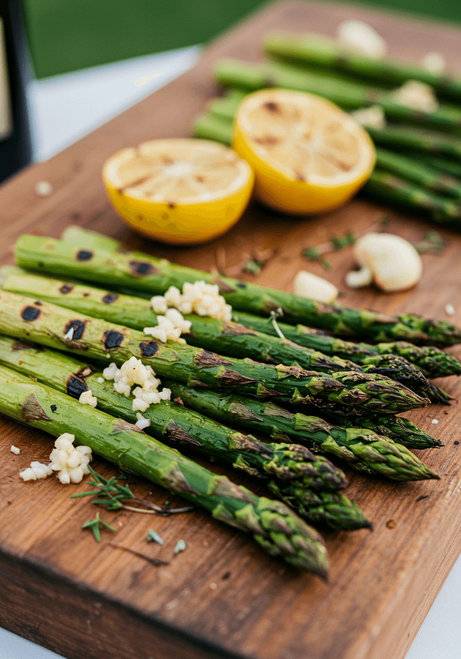 Grilled asparagus spears with lemon wedges and garlic on rustic wood at outdoor garden wedding in late afternoon
