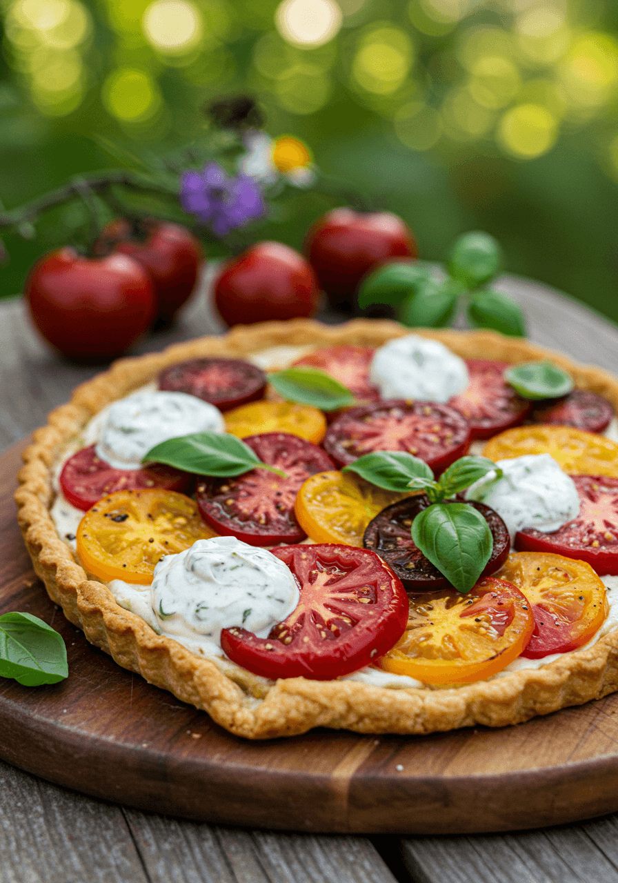 Heirloom tomato tart with golden pastry, colorful tomatoes, basil cashew cream and fresh basil on rustic wood