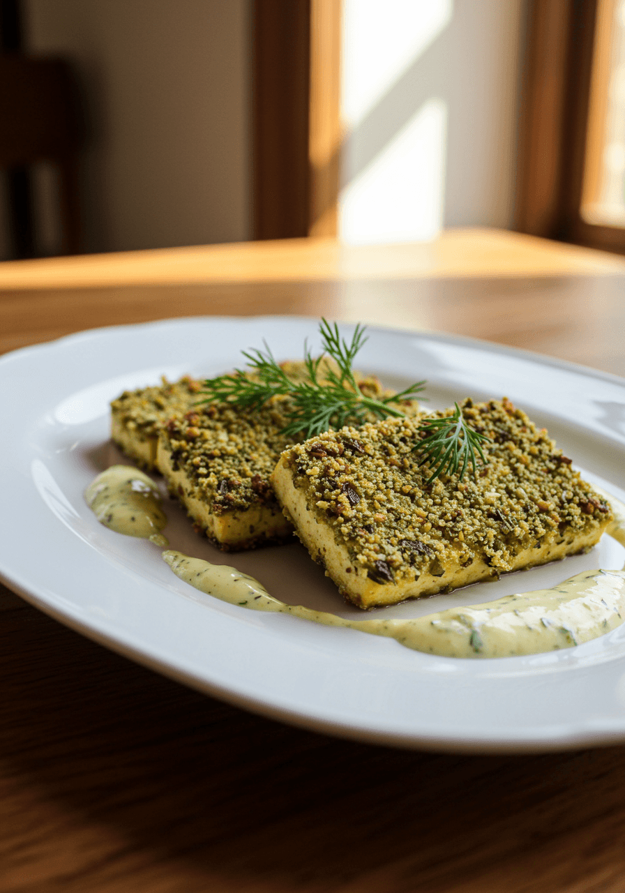 Herb-crusted tofu steaks with golden-brown seasoning and lemon-dill sauce on white porcelain on rustic wood