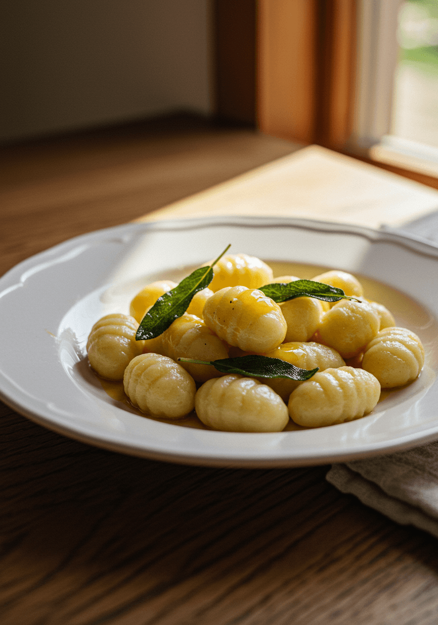 Handmade potato gnocchi with sage leaves and golden brown vegan butter on white ceramic with rustic wood backdrop