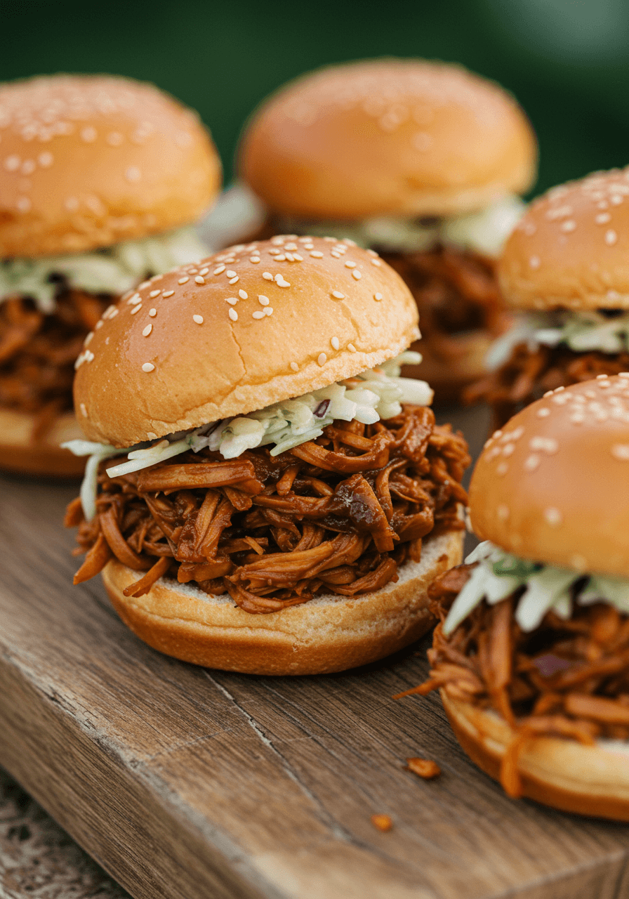 Pulled jackfruit BBQ sliders on rustic wood showcasing shredded jackfruit on soft brioche during late afternoon golden hour at outdoor wedding