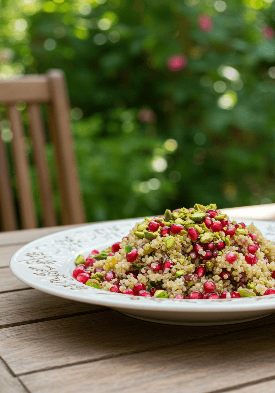 Quinoa salad with pomegranate seeds and pistachios on rustic wood in elegant outdoor garden