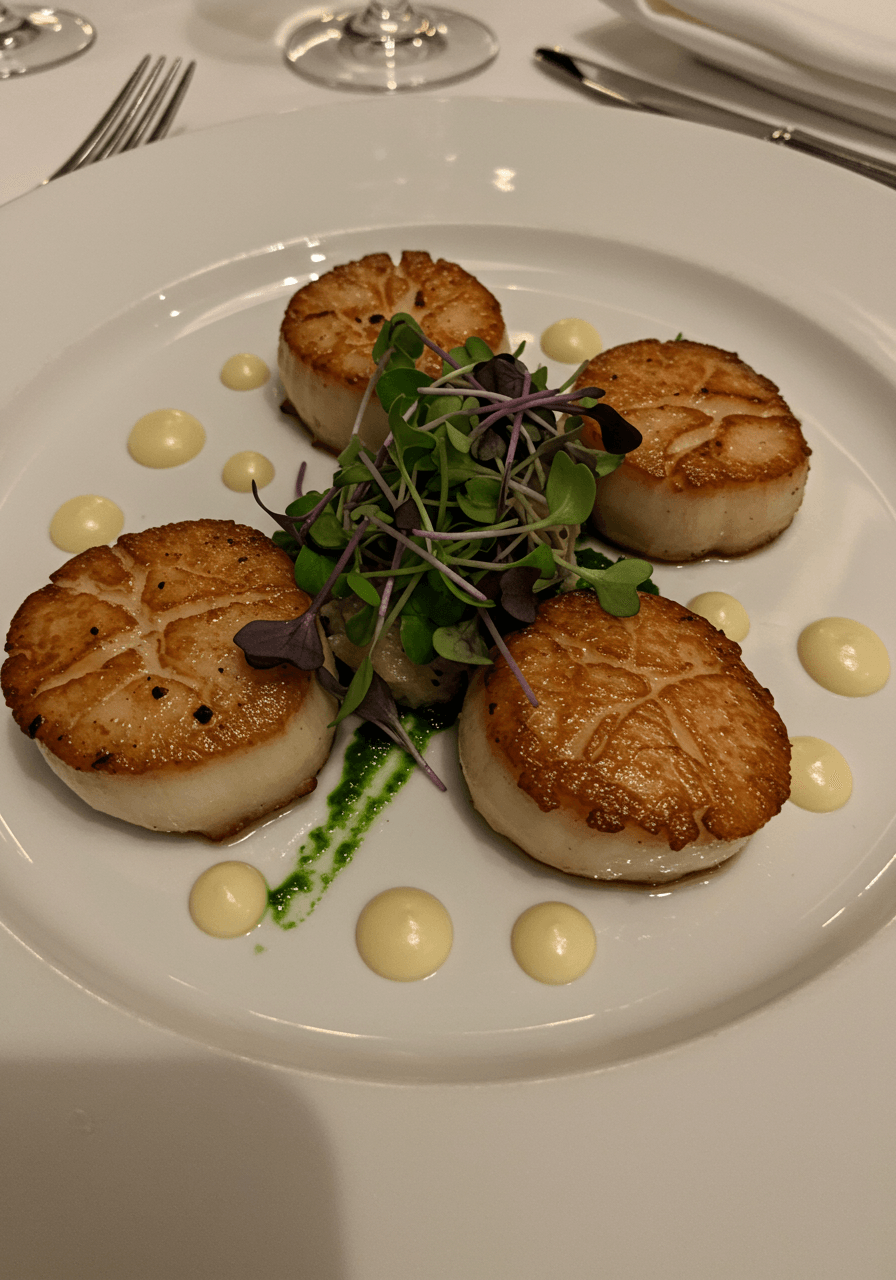 King oyster mushroom scallops with golden-brown sear on white porcelain with microgreens overhead view