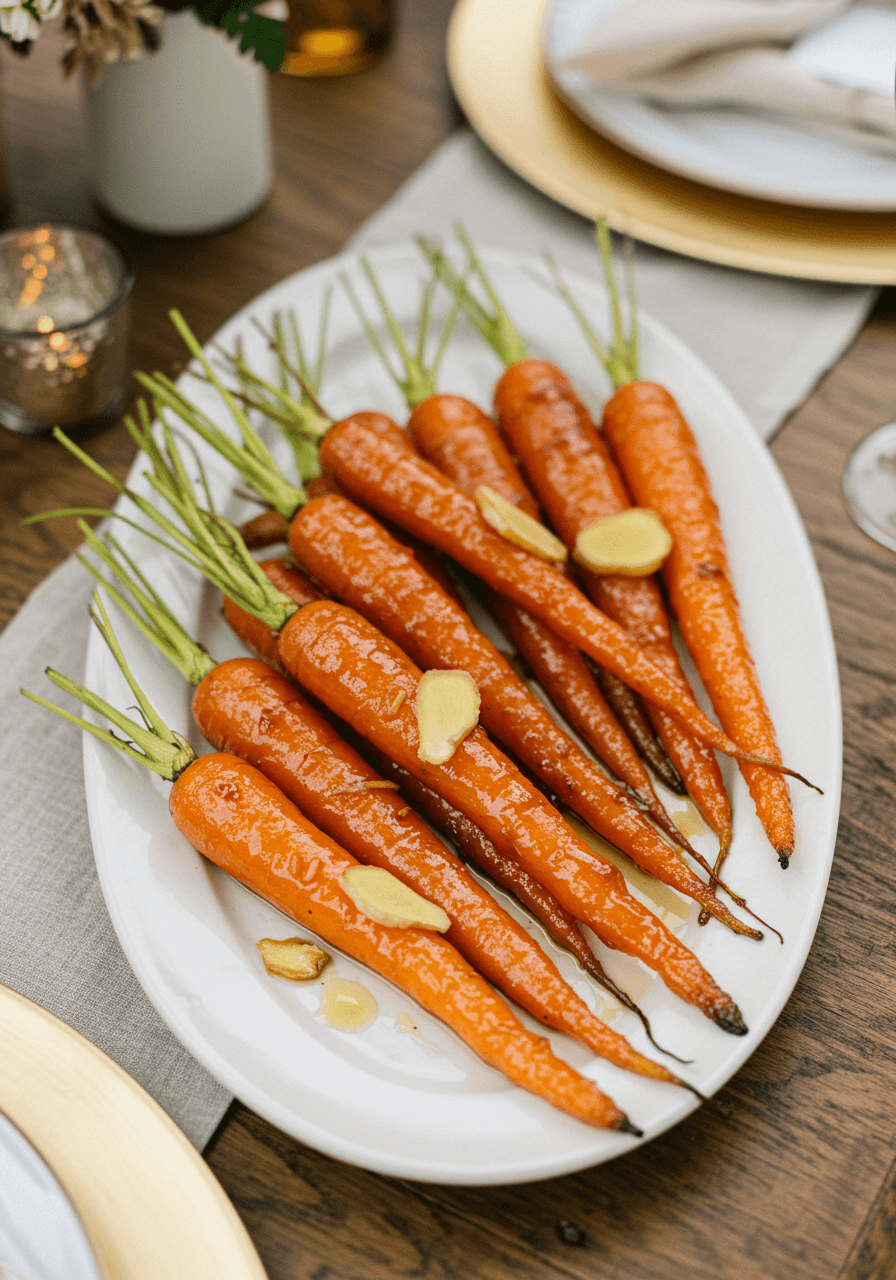 Glossy maple-glazed carrots with ginger slices on elegant white ceramic on rustic wood in afternoon light