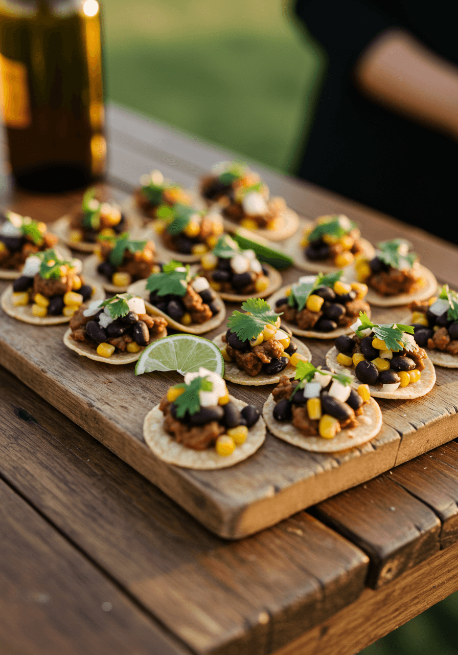 Miniature black bean and corn street tacos with colorful garnishes on rustic wood at outdoor wedding during golden hour