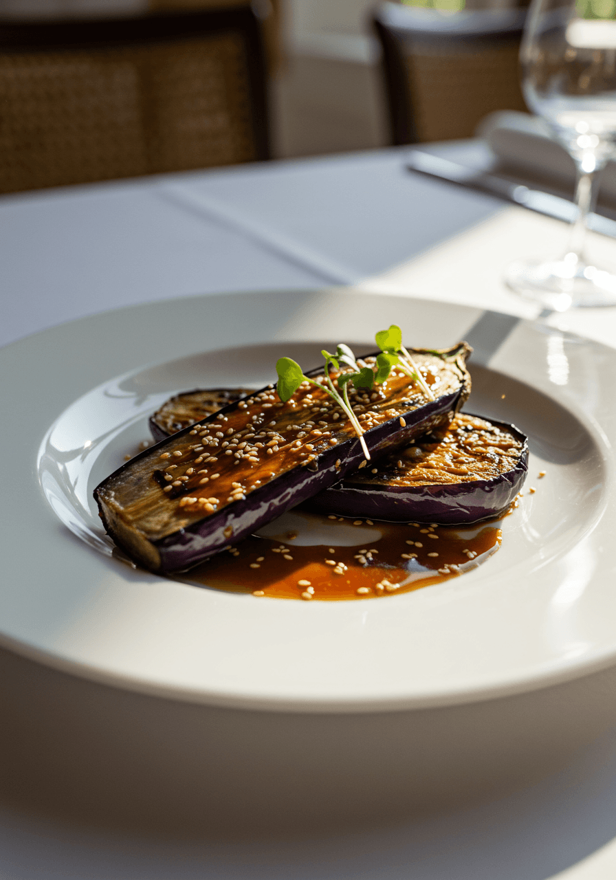 Miso-glazed aubergine steak with grill marks and glossy caramelized glaze on white porcelain at sophisticated wedding during golden hour