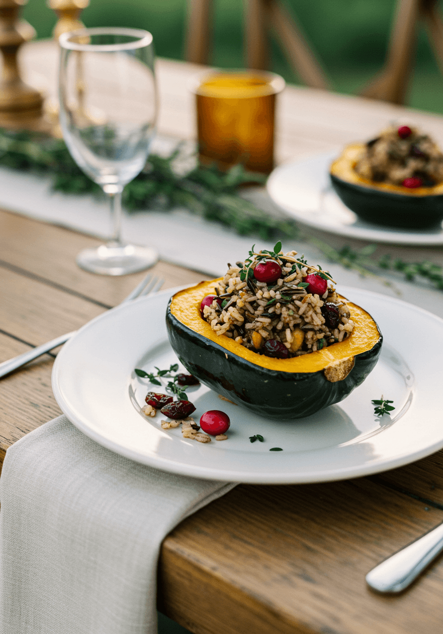 Roasted acorn squash half filled with wild rice and cranberries on white ceramic at rustic outdoor wedding during golden hour