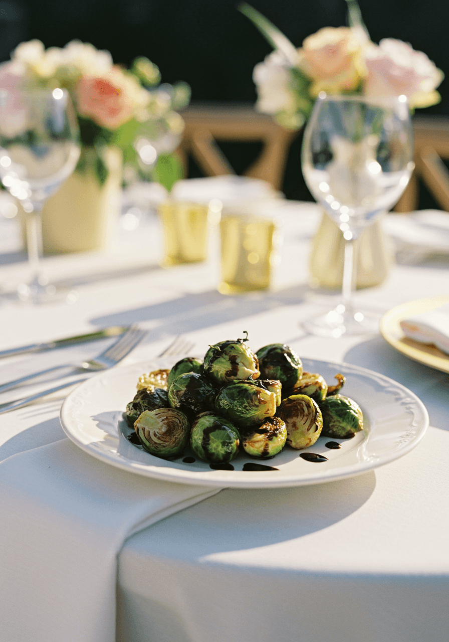 Roasted Brussels sprouts glistening with balsamic glaze on elegant white porcelain at wedding reception during golden hour