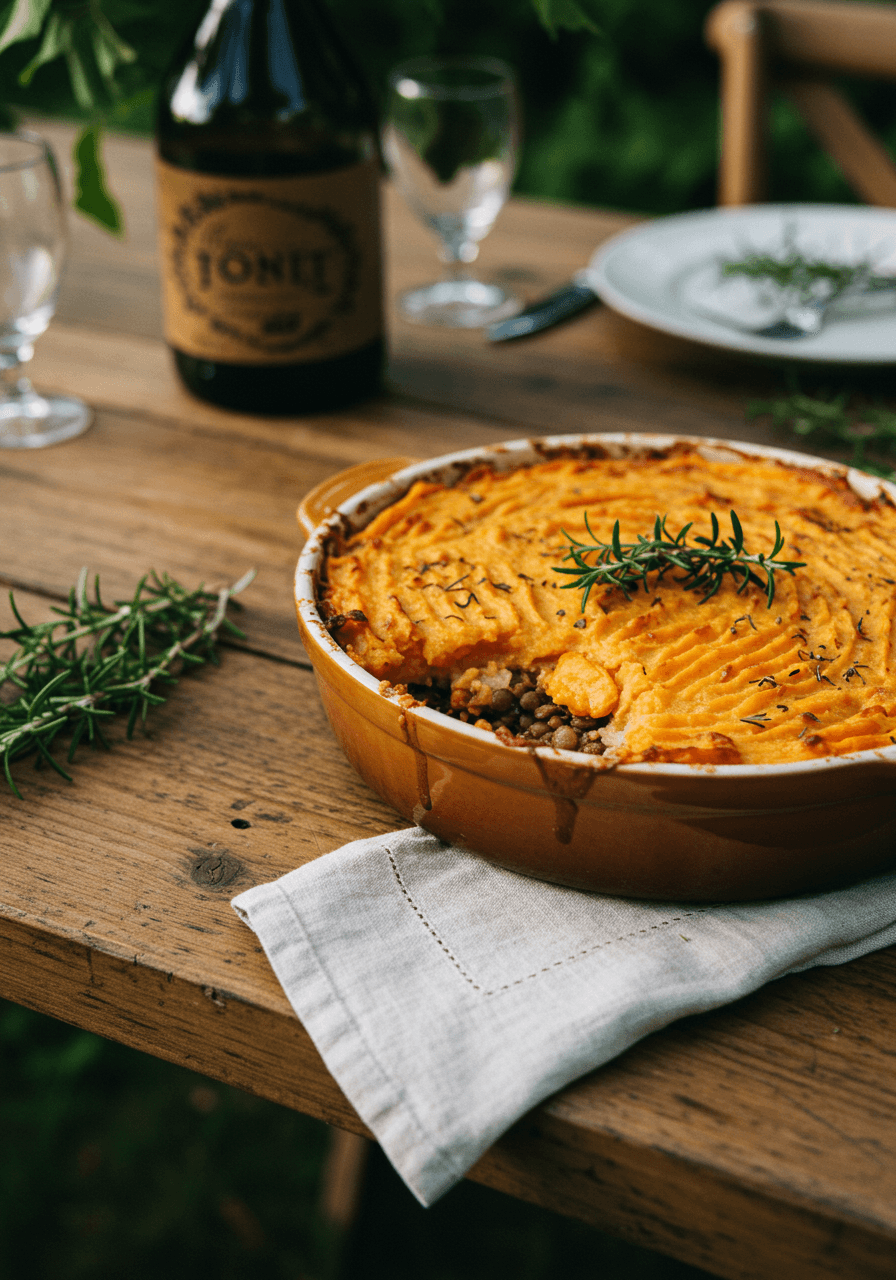 Lentil shepherd's pie with golden sweet potato topping and fresh herbs on wooden farm table in outdoor garden