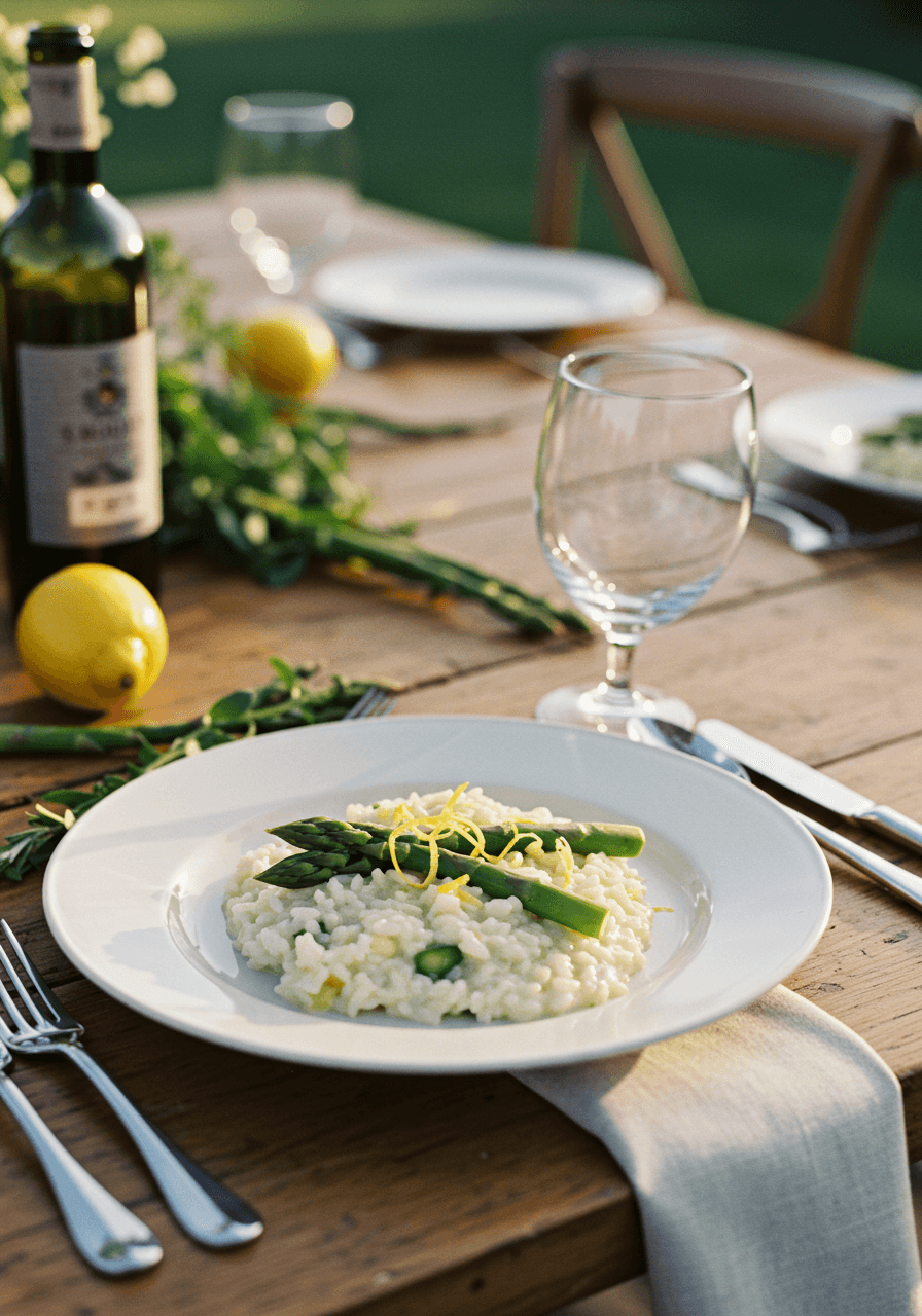 Creamy asparagus lemon risotto on white ceramic with asparagus spears and zest at rustic outdoor wedding during golden hour
