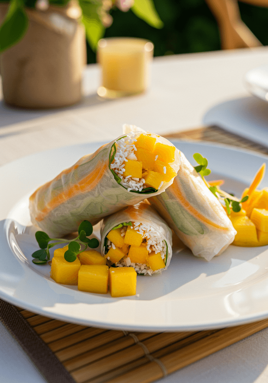 Halved mango and coconut spring roll showing colorful filling on white ceramic at golden hour