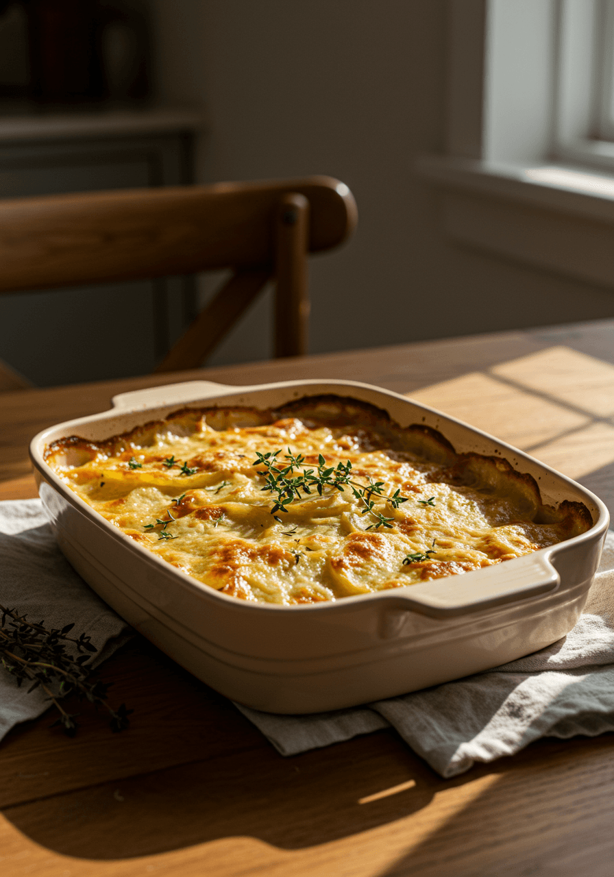 Layered vegan scalloped potato casserole with golden-brown top and thyme in cream ceramic on rustic wood