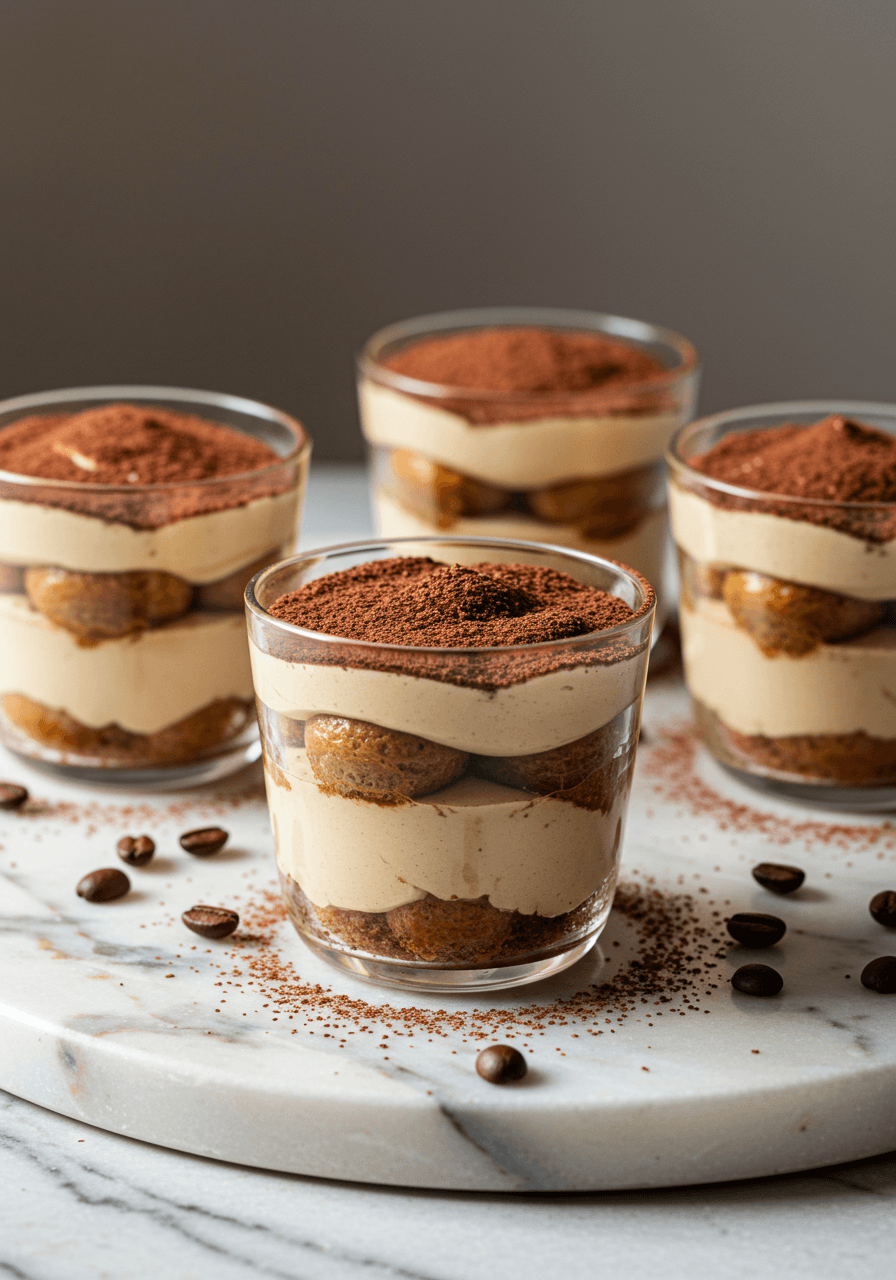 Individual vegan tiramisu cups with coffee-soaked ladyfingers and cashew mascarpone dusted with cocoa on marble tray
