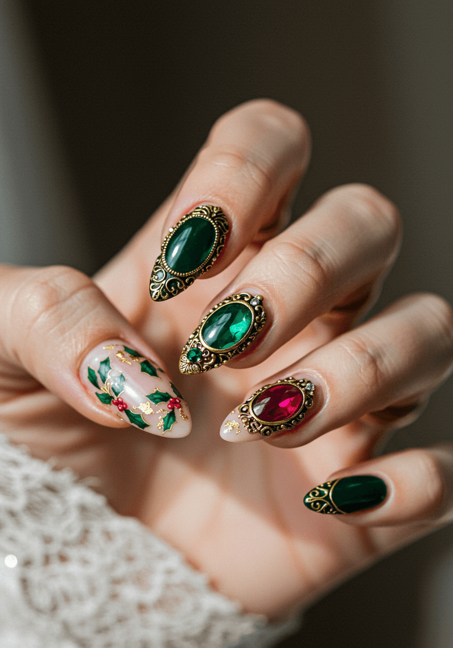 Vintage gold ornate frame nail art surrounding emerald and ruby gemstones