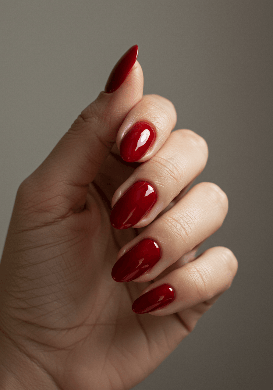 Classic cherry red nail polish with ultra-glossy mirror finish and clean cuticles