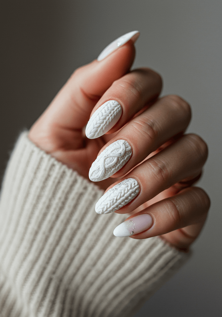 Cable knit texture nail art in matte white with raised sweater pattern details