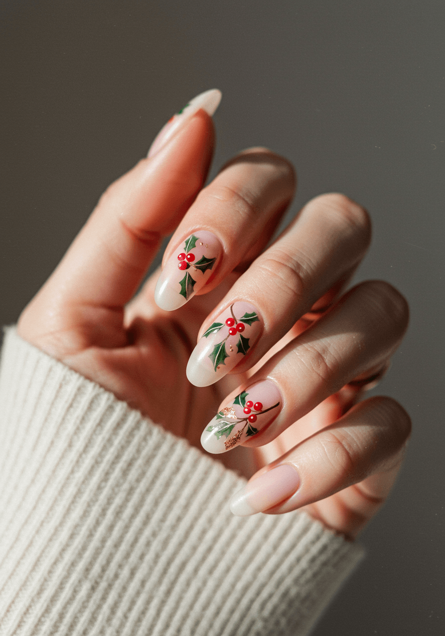 Negative space holly berry nail art with red berries and green leaves on transparent background
