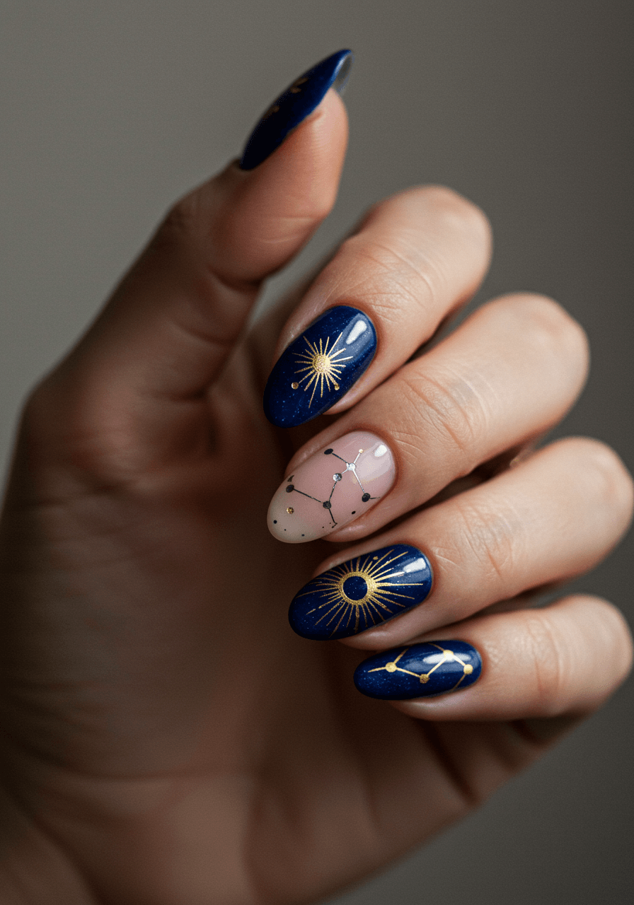 Midnight blue nails with silver and gold starburst patterns and constellation accents