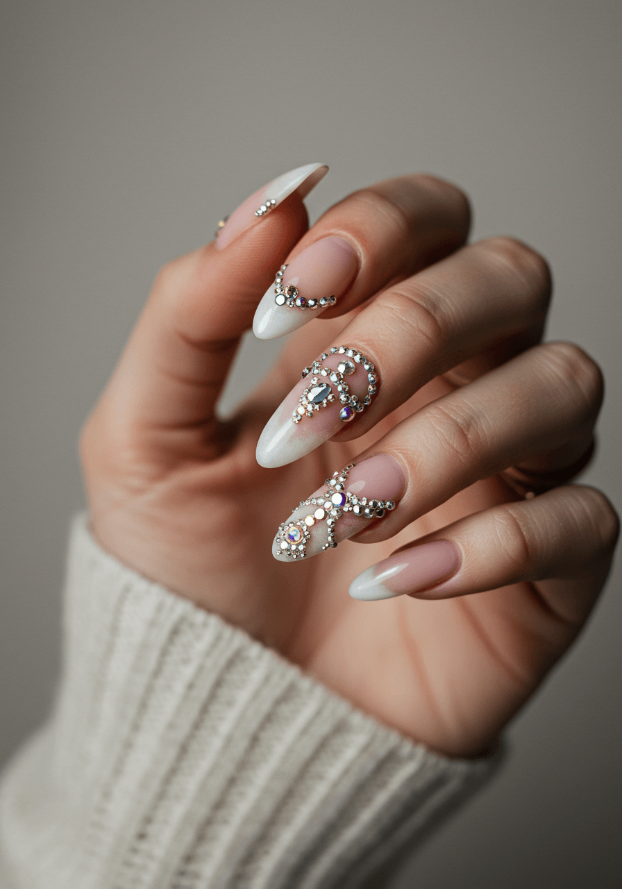 Rhinestone cuticle cuffs creating delicate crown-like patterns with Christmas motifs