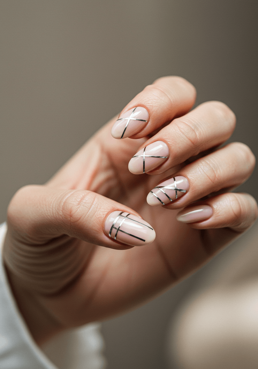 Minimalist silver striping tape creating geometric patterns on nude and pink base colours