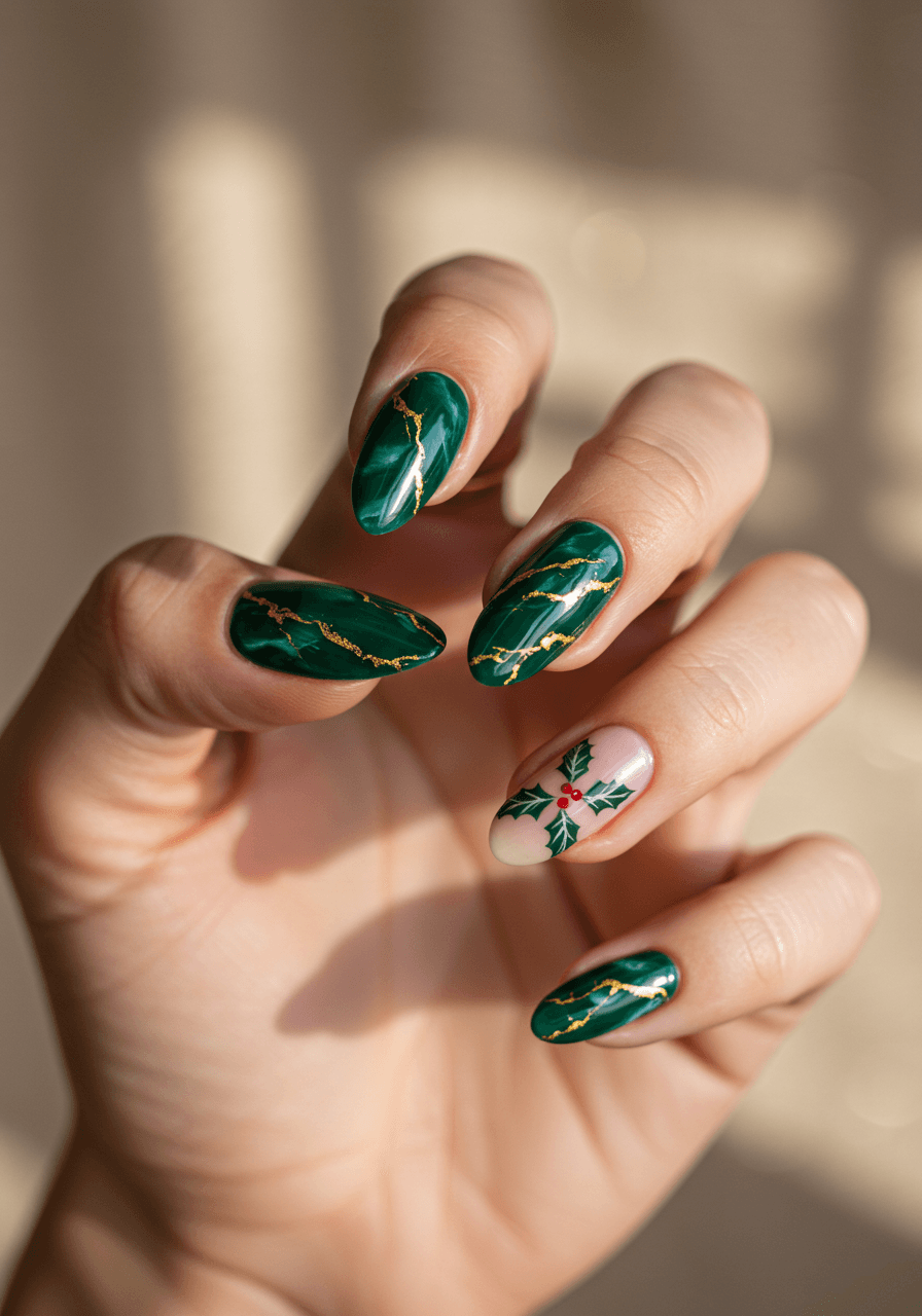 Emerald green marble nail art with gold metallic veining and Christmas holly details