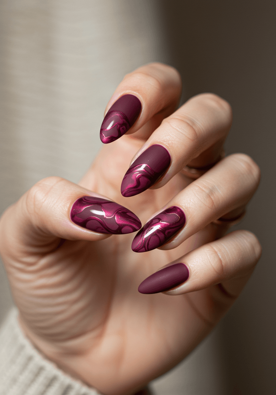 Matte merlot nails with glossy burgundy swirl patterns creating dimensional nail art