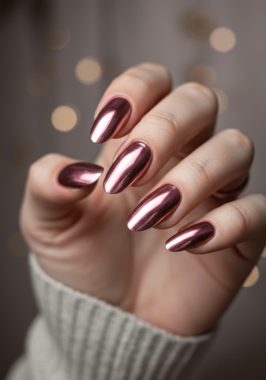 Rose gold chrome fade nail art with mirror-like gradient from cuticle to clear tips